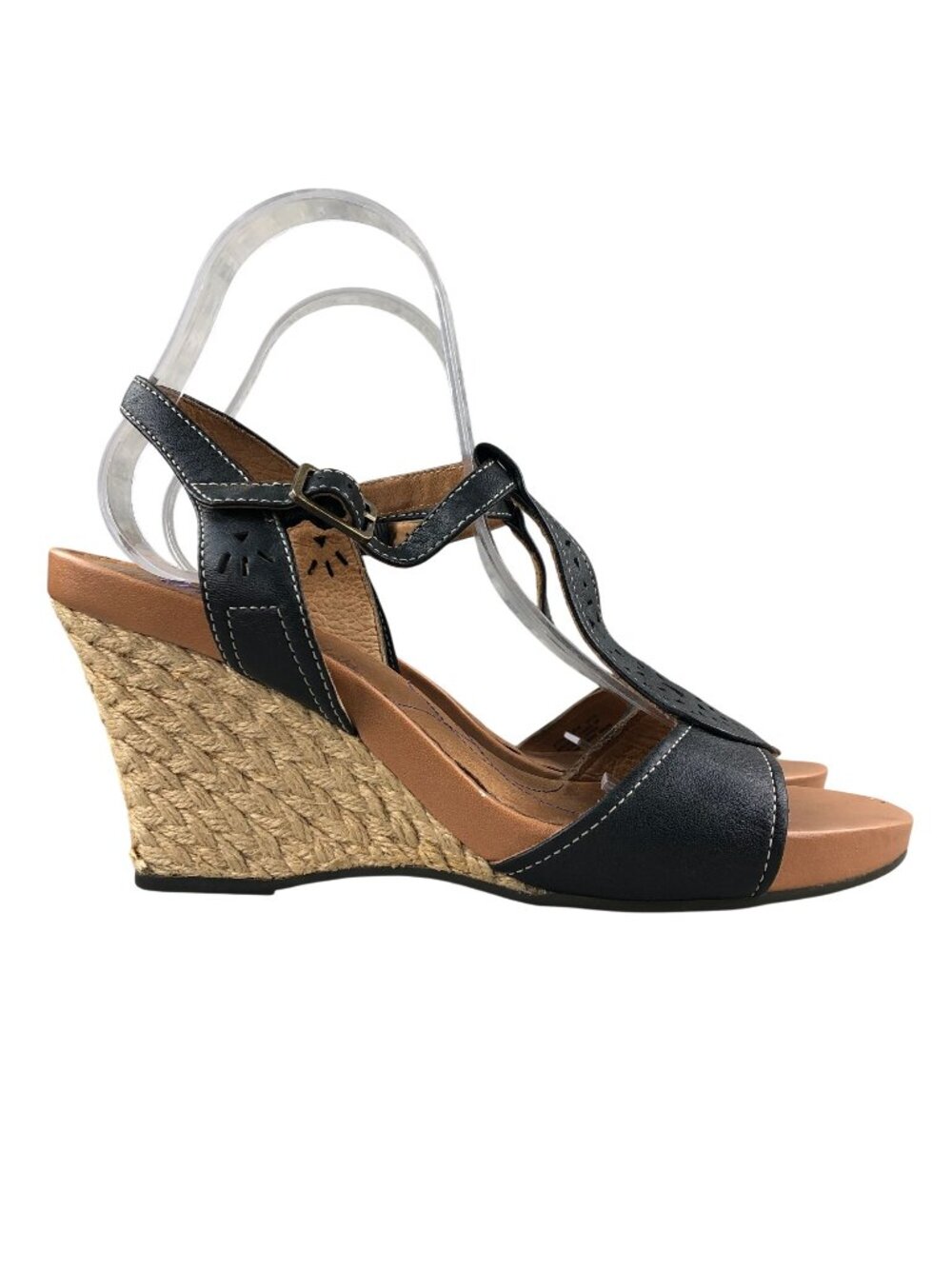 Indigo by Clarks Women's Size 10M Black Leather Open Toe Laser Cut Wedge Sandals
